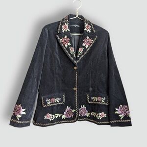 AnnaRita A Black Velvet Embroidered Floral Blazer Boho Chic Statement Jacket